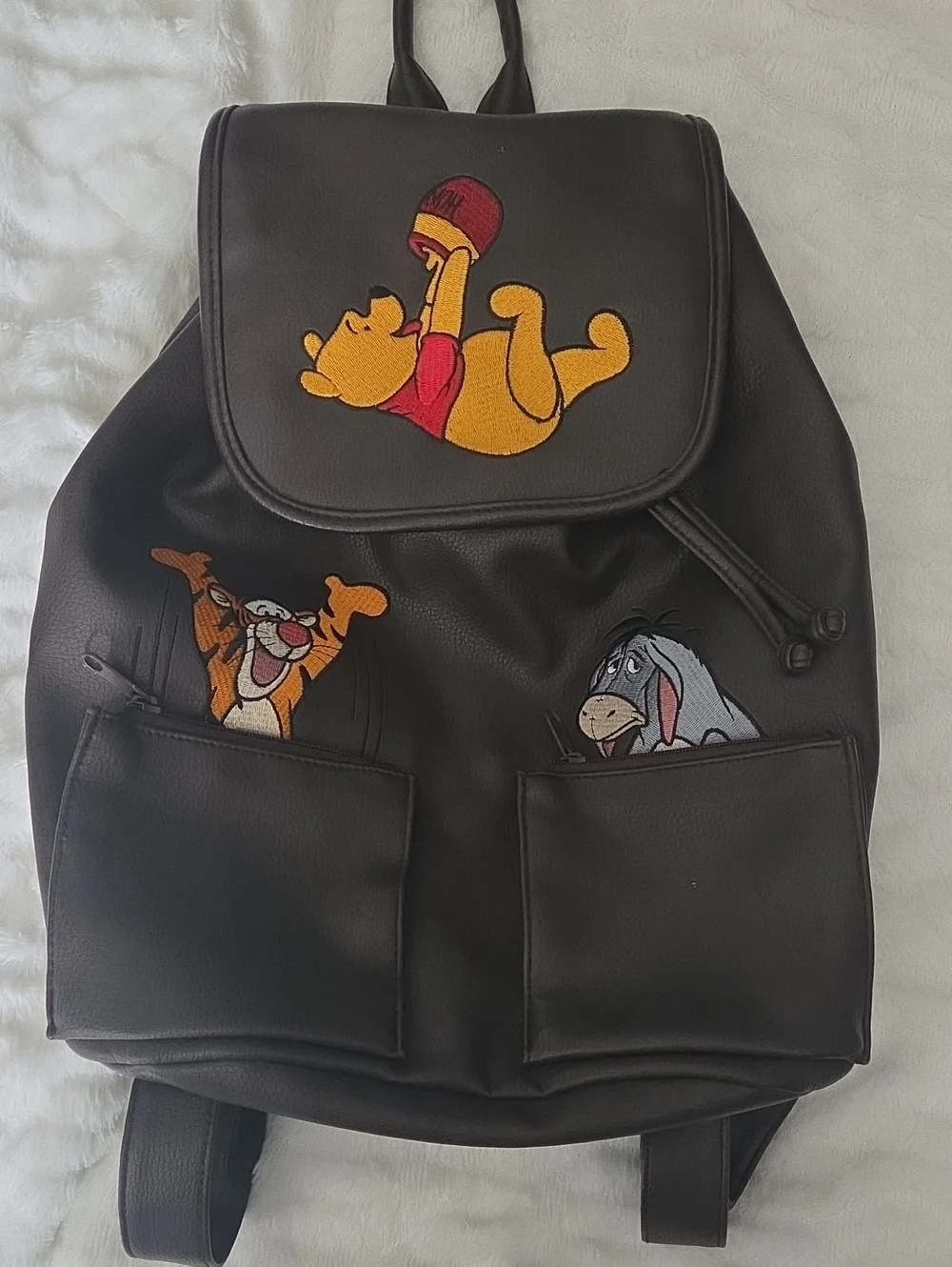 Vintage Winnie the Pooh Embroidered Brown Faux Leather Backpack